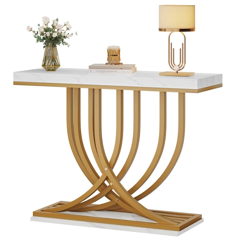 Console moderne dorée avec plateau en marbre pour entrée ou couloir
