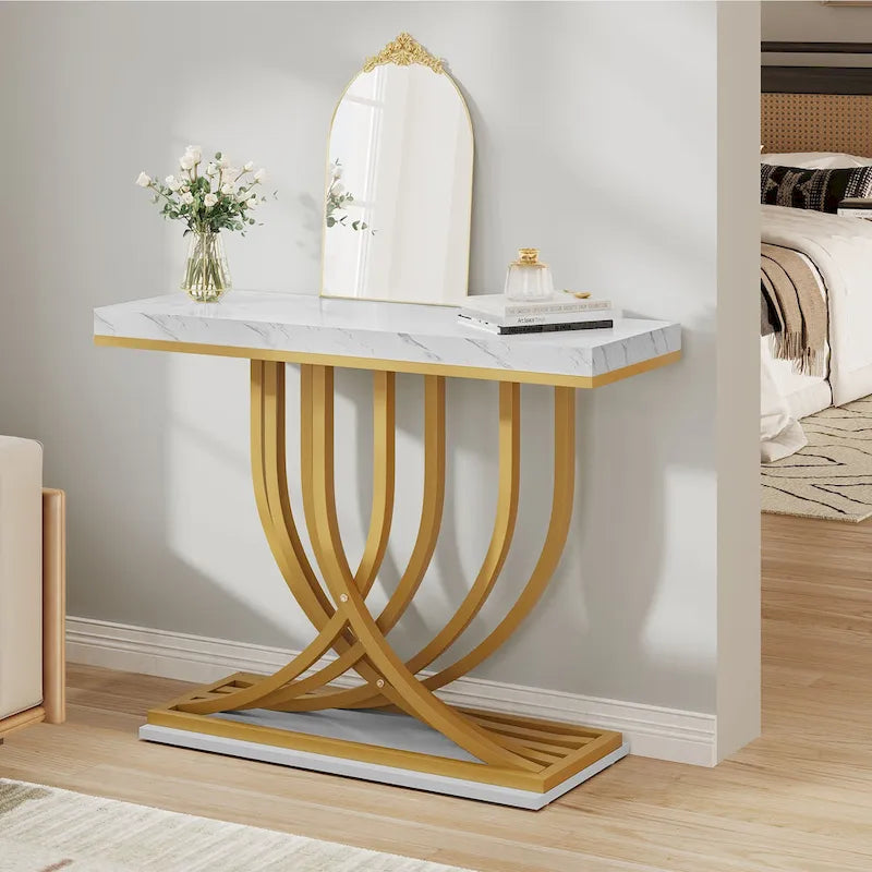 Console moderne dorée avec plateau en marbre pour entrée ou couloir