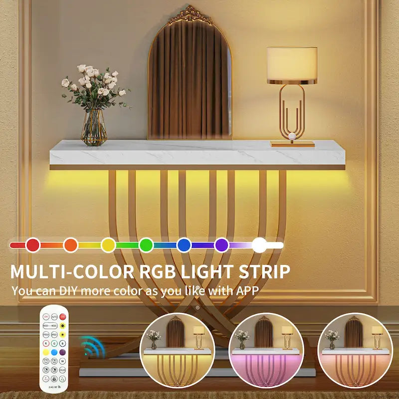 Console moderne dorée avec plateau en marbre pour entrée ou couloir
