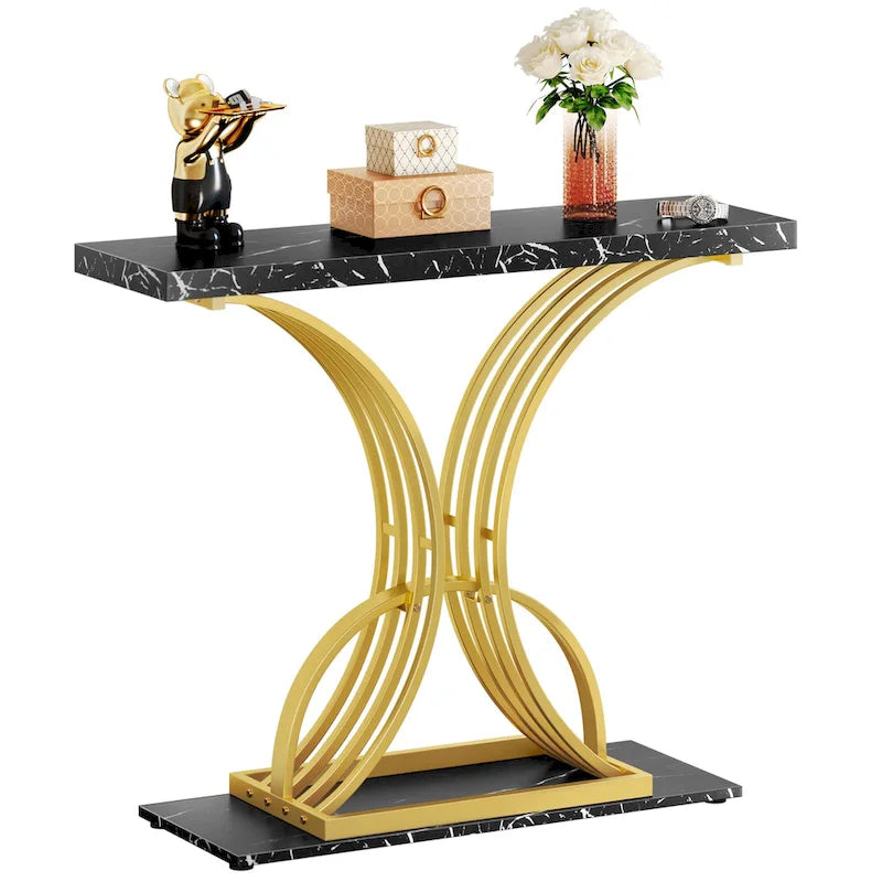 Console moderne dorée avec plateau en marbre pour entrée ou couloir