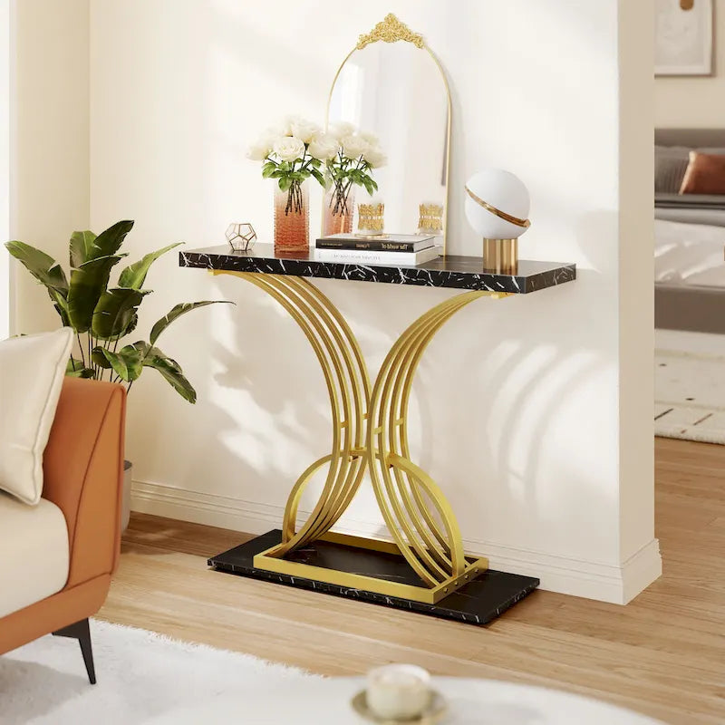 Console moderne dorée avec plateau en marbre pour entrée ou couloir