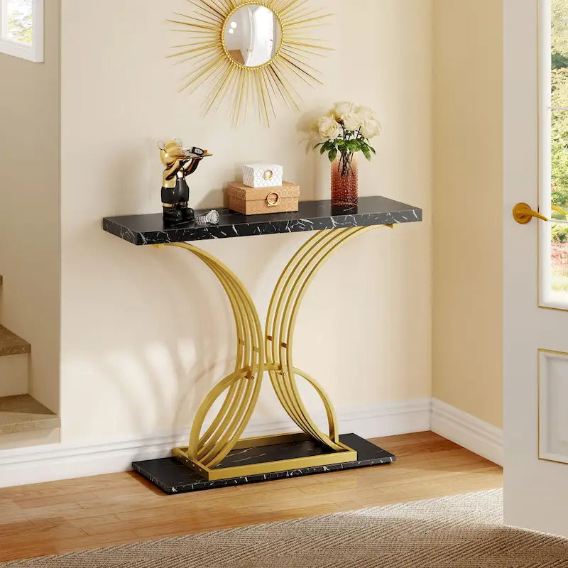 Console moderne dorée avec plateau en marbre pour entrée ou couloir