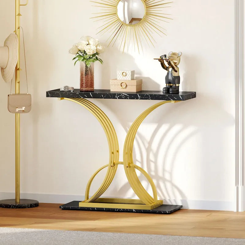 Console moderne dorée avec plateau en marbre pour entrée ou couloir