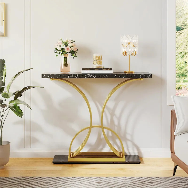 Console moderne dorée avec plateau en marbre pour entrée ou couloir