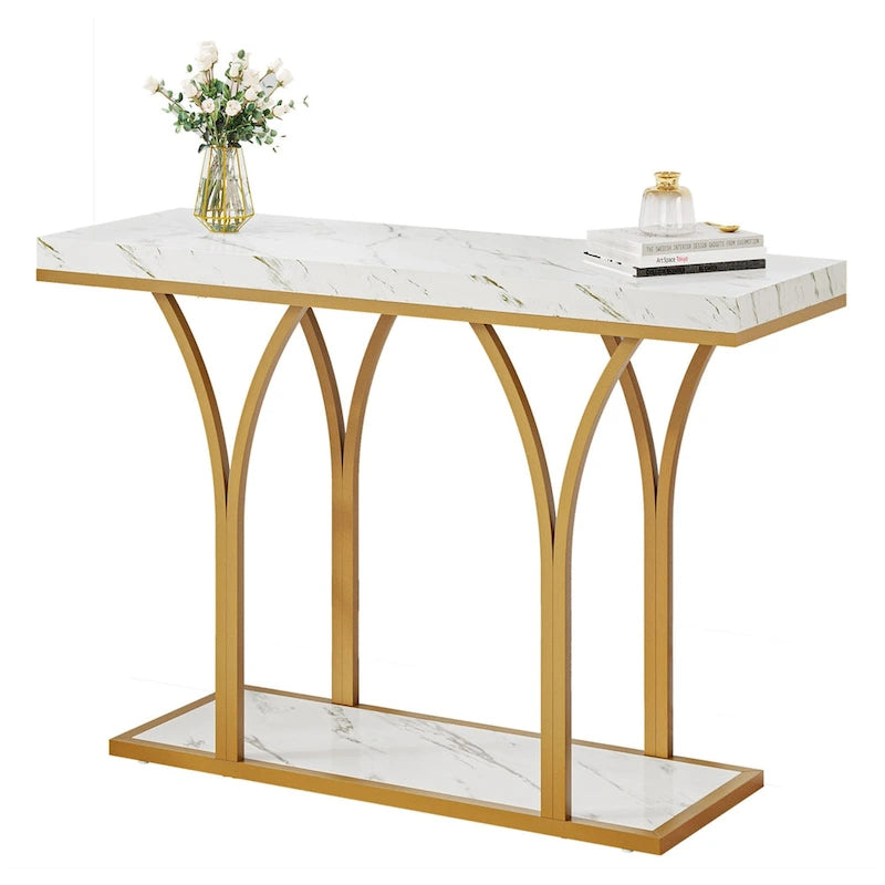 Console moderne dorée avec plateau en marbre pour entrée ou couloir