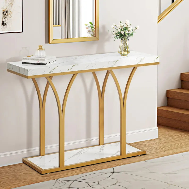 Console moderne dorée avec plateau en marbre pour entrée ou couloir