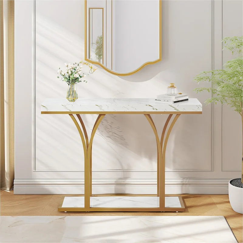 Console moderne dorée avec plateau en marbre pour entrée ou couloir