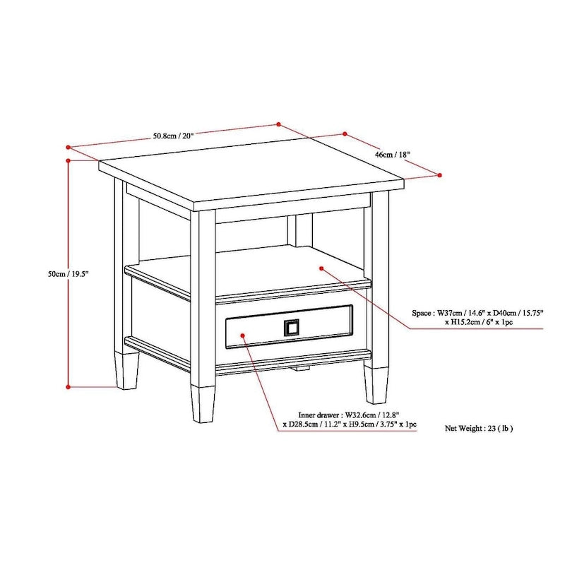 Table d'appoint rectangulaire de 20 pouces de large en bois massif de style transitoire - 20 pouces de large
