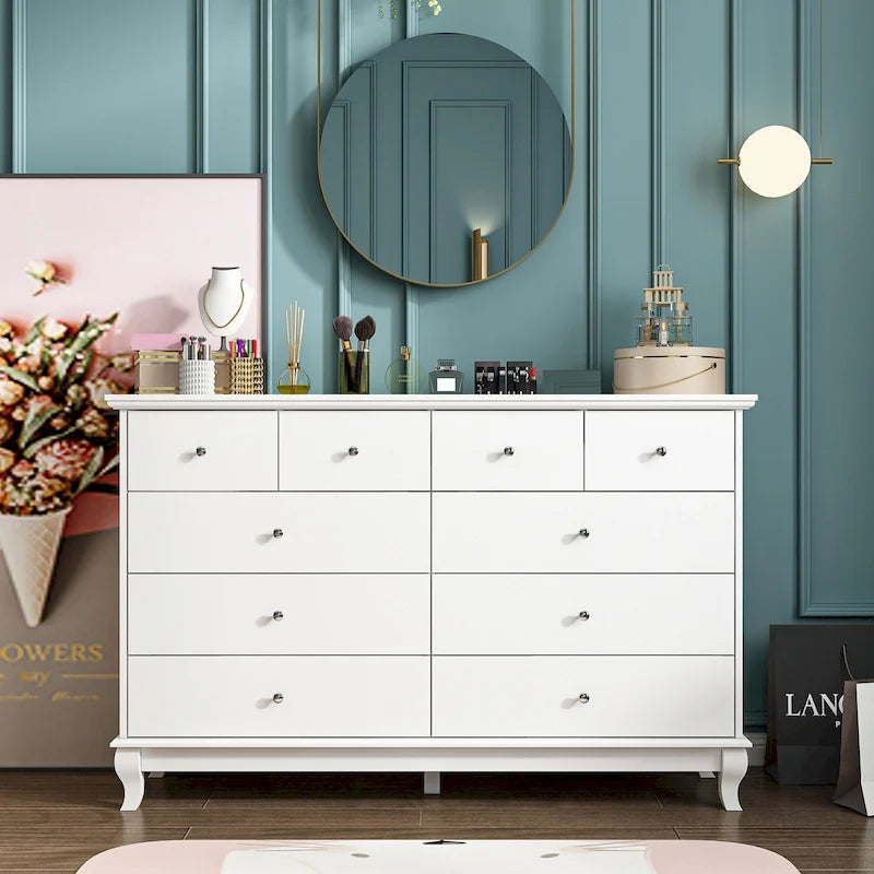 Commode de chambre à 10 tiroirs double, blanche, à rangement large