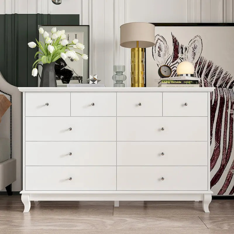 Commode de chambre à 10 tiroirs double, blanche, à rangement large