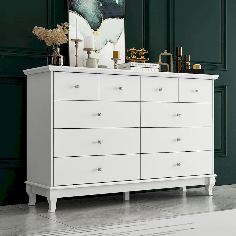 Commode de chambre à 10 tiroirs double, blanche, à rangement large