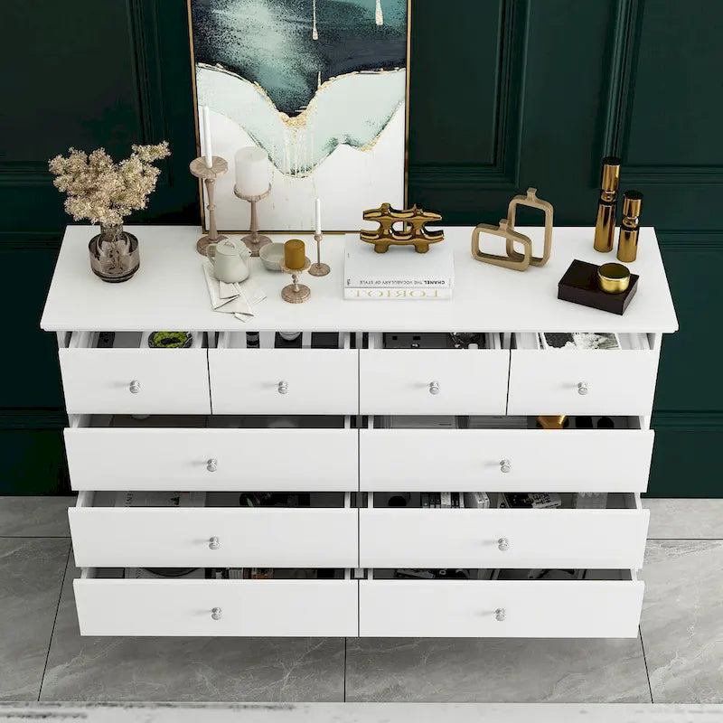 Commode de chambre à 10 tiroirs double, blanche, à rangement large