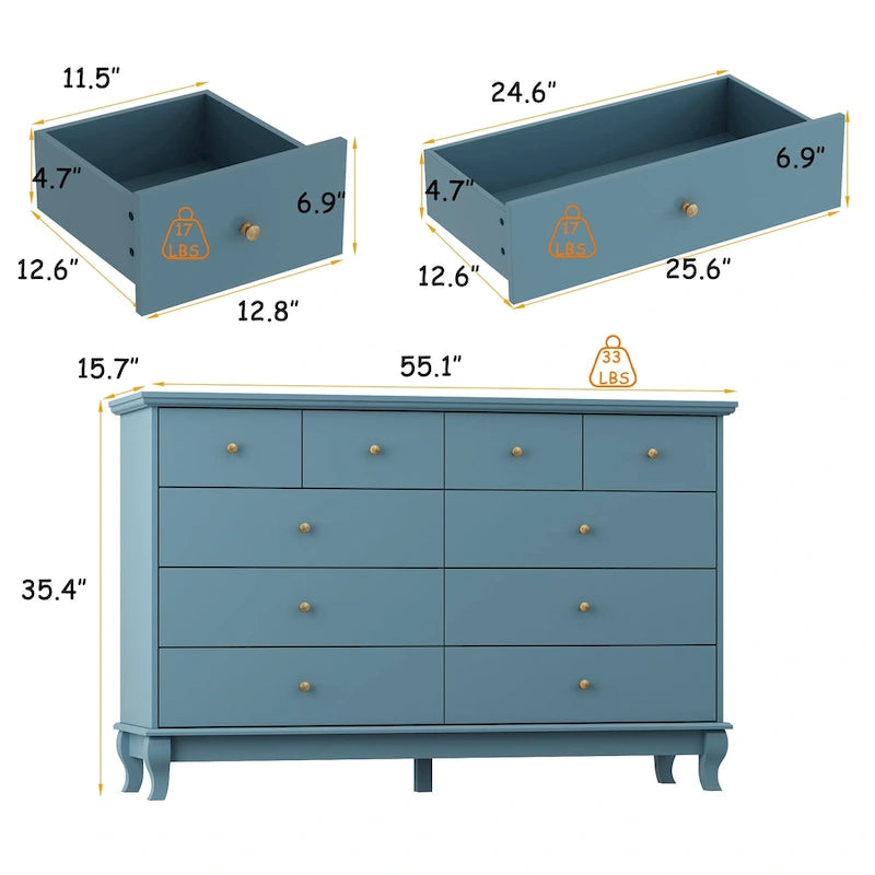 Commode de chambre à 10 tiroirs double, blanche, à rangement large