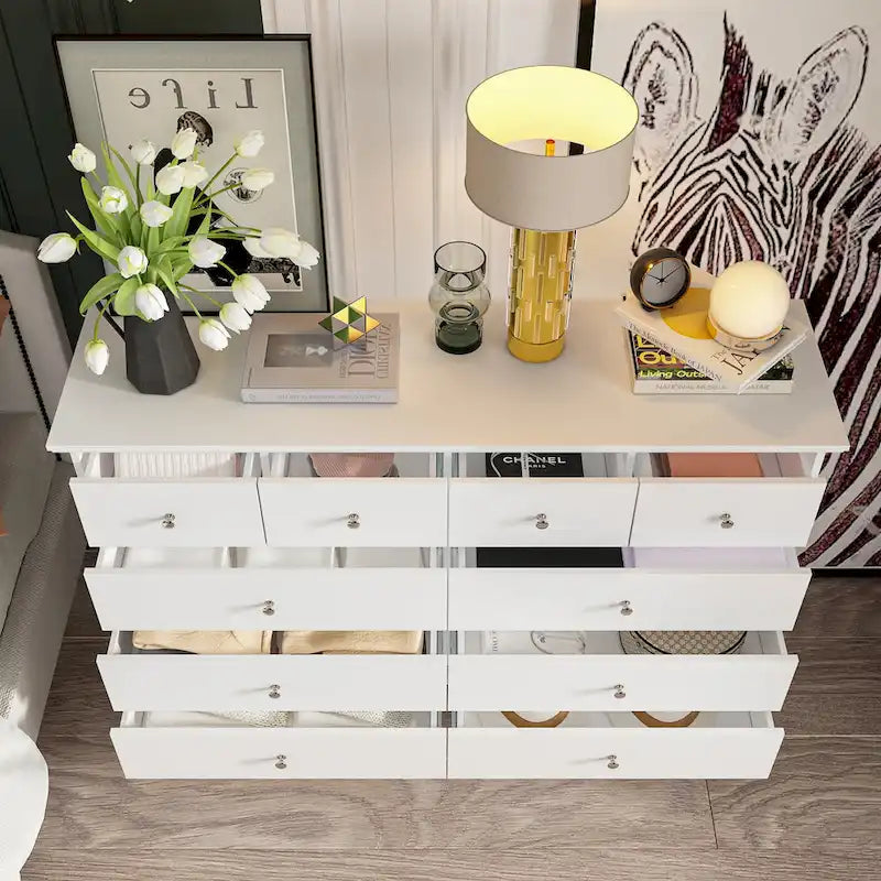 Commode de chambre à 10 tiroirs double, blanche, à rangement large