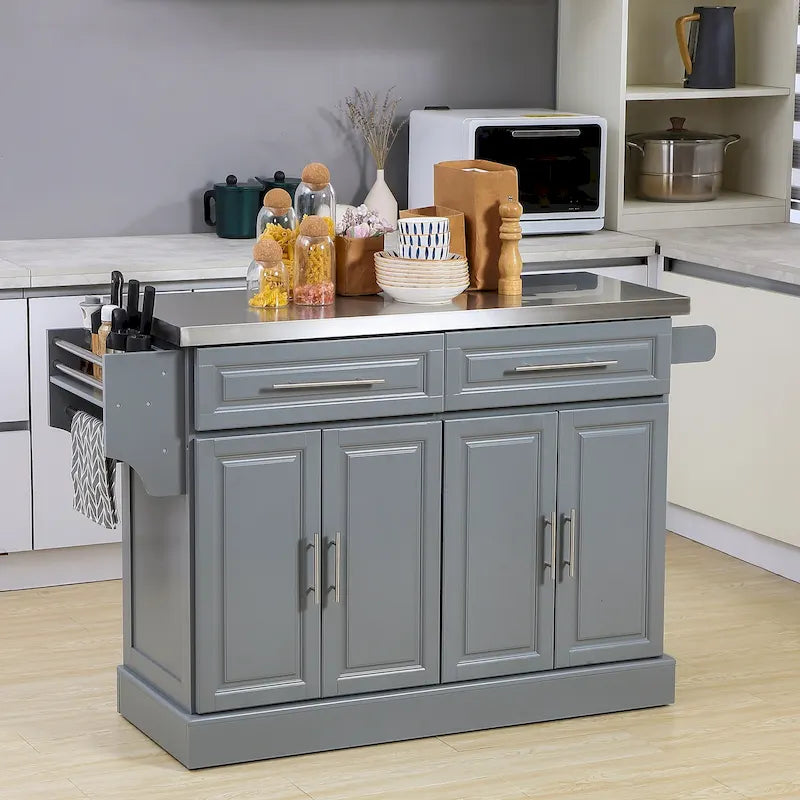 Îlot de cuisine roulant avec rangement, chariot de cuisine portable avec dessus en acier inoxydable, gris