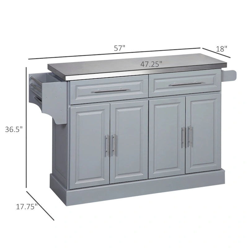 Îlot de cuisine roulant avec rangement, chariot de cuisine portable avec dessus en acier inoxydable, gris