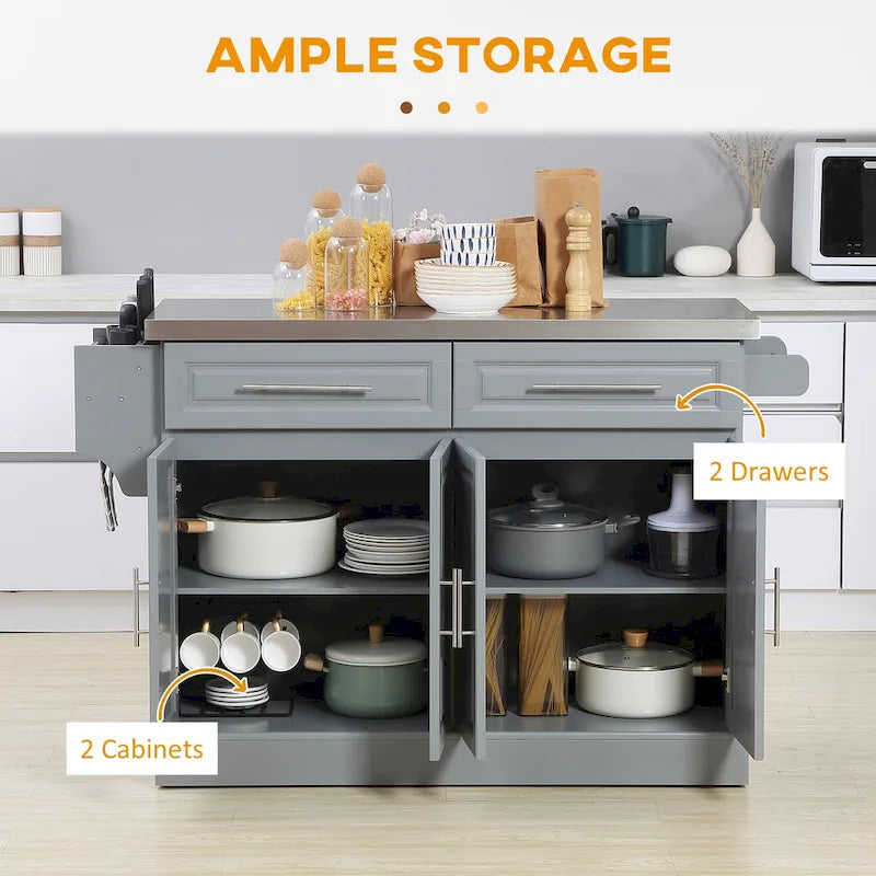 Îlot de cuisine roulant avec rangement, chariot de cuisine portable avec dessus en acier inoxydable, gris
