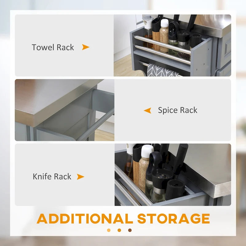 Îlot de cuisine roulant avec rangement, chariot de cuisine portable avec dessus en acier inoxydable, gris