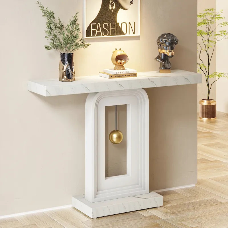 Console moderne avec base géométrique, table de canapé étroite de 100 cm avec décor doré pour salon, entrée, couloir