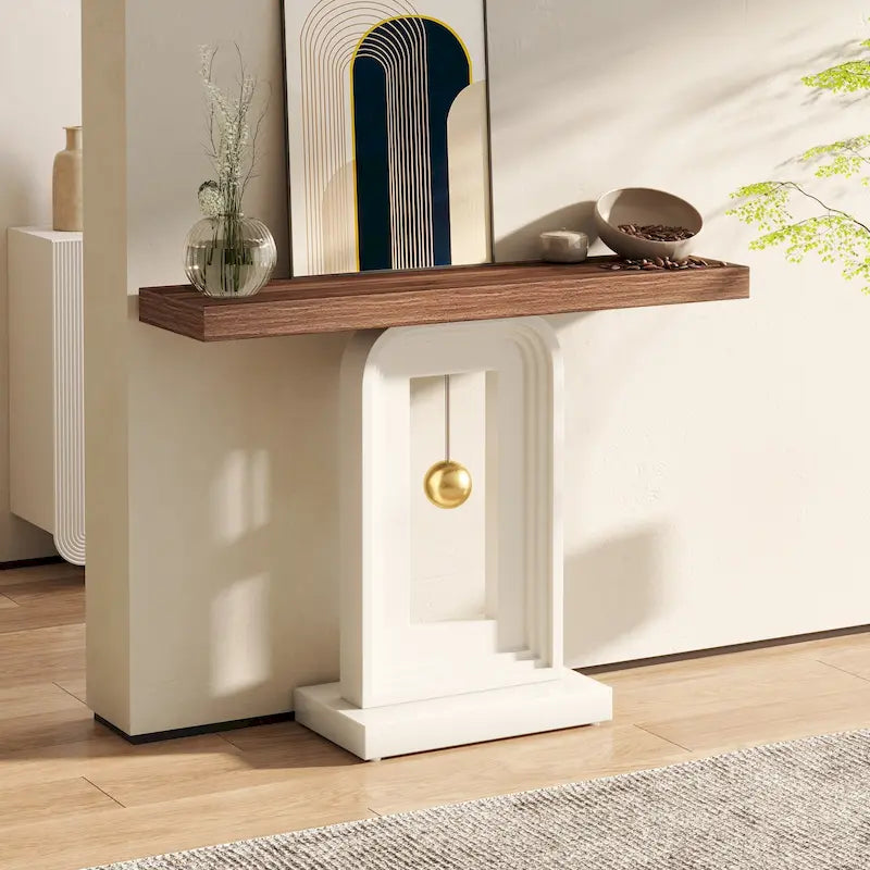 Console moderne avec base géométrique, table de canapé étroite de 100 cm avec décor doré pour salon, entrée, couloir