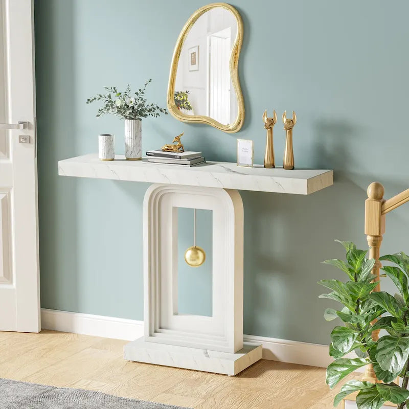 Console moderne avec base géométrique, table de canapé étroite de 100 cm avec décor doré pour salon, entrée, couloir