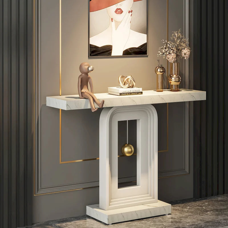 Console moderne avec base géométrique, table de canapé étroite de 100 cm avec décor doré pour salon, entrée, couloir