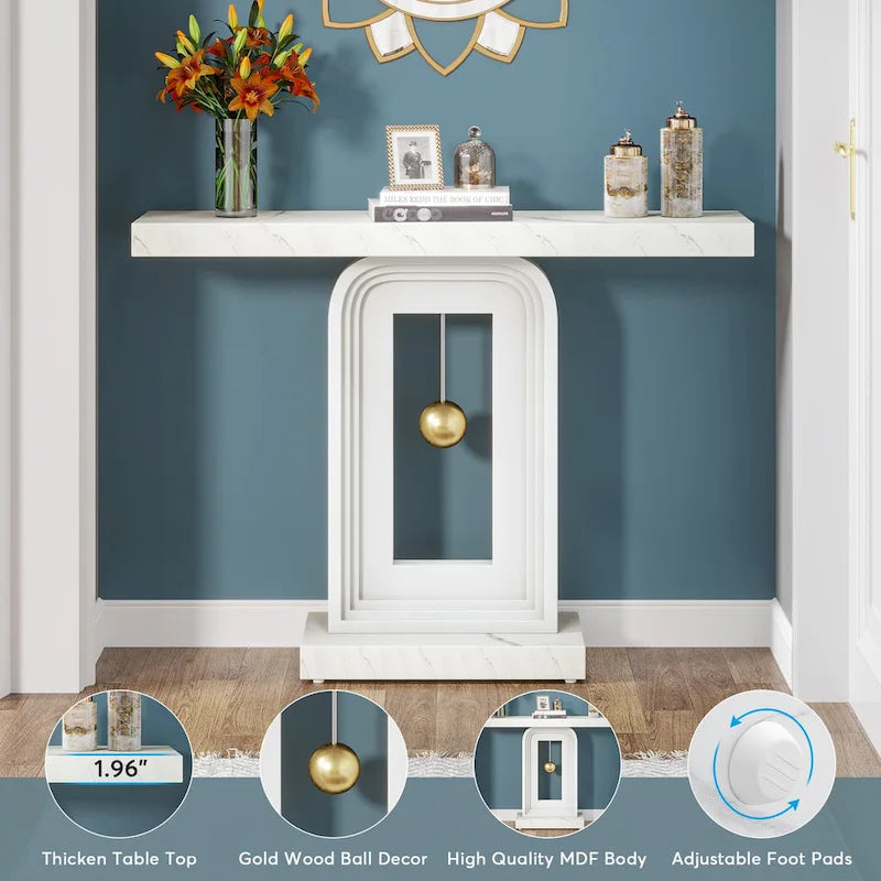 Console moderne avec base géométrique, table de canapé étroite de 100 cm avec décor doré pour salon, entrée, couloir