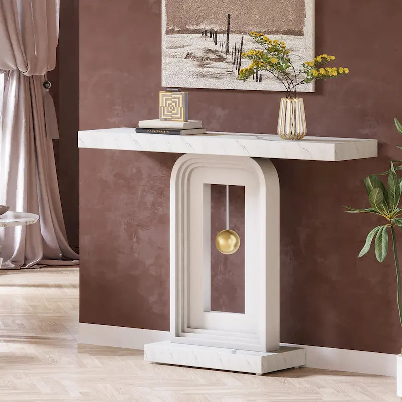 Console moderne avec base géométrique, table de canapé étroite de 100 cm avec décor doré pour salon, entrée, couloir