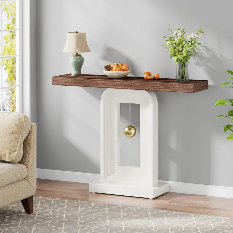 Console moderne avec base géométrique, table de canapé étroite de 100 cm avec décor doré pour salon, entrée, couloir