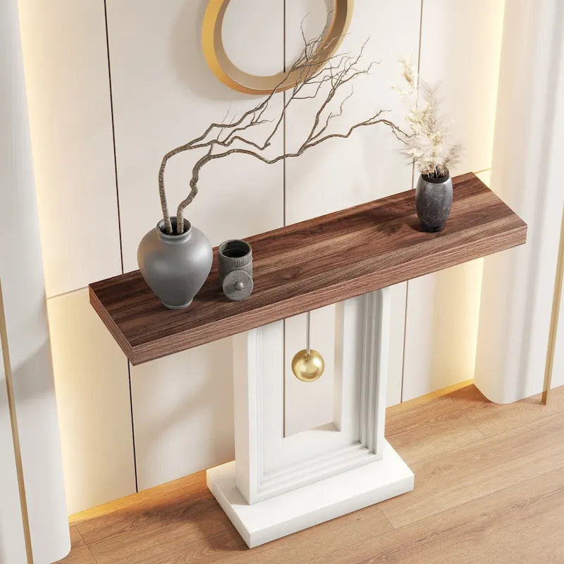 Console moderne avec base géométrique, table de canapé étroite de 100 cm avec décor doré pour salon, entrée, couloir
