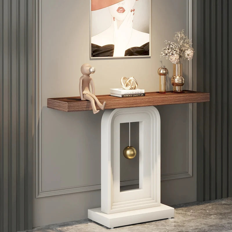Console moderne avec base géométrique, table de canapé étroite de 100 cm avec décor doré pour salon, entrée, couloir
