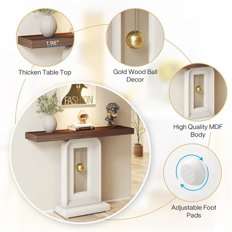 Console moderne avec base géométrique, table de canapé étroite de 100 cm avec décor doré pour salon, entrée, couloir