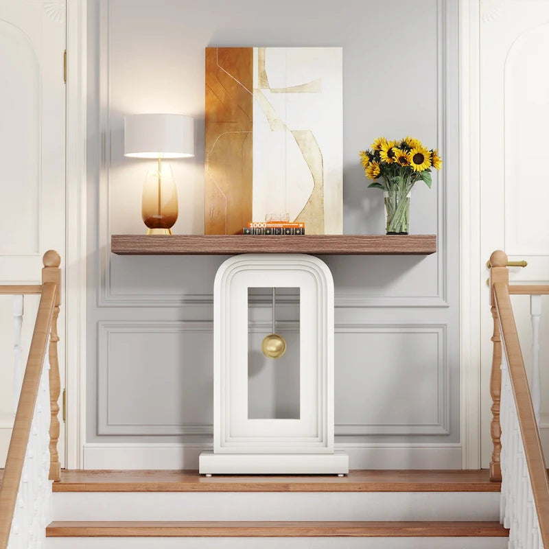 Console moderne avec base géométrique, table de canapé étroite de 100 cm avec décor doré pour salon, entrée, couloir