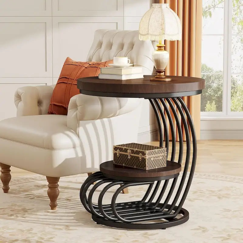 Table d'appoint ronde à 2 niveaux pour salon ou chambre à coucher