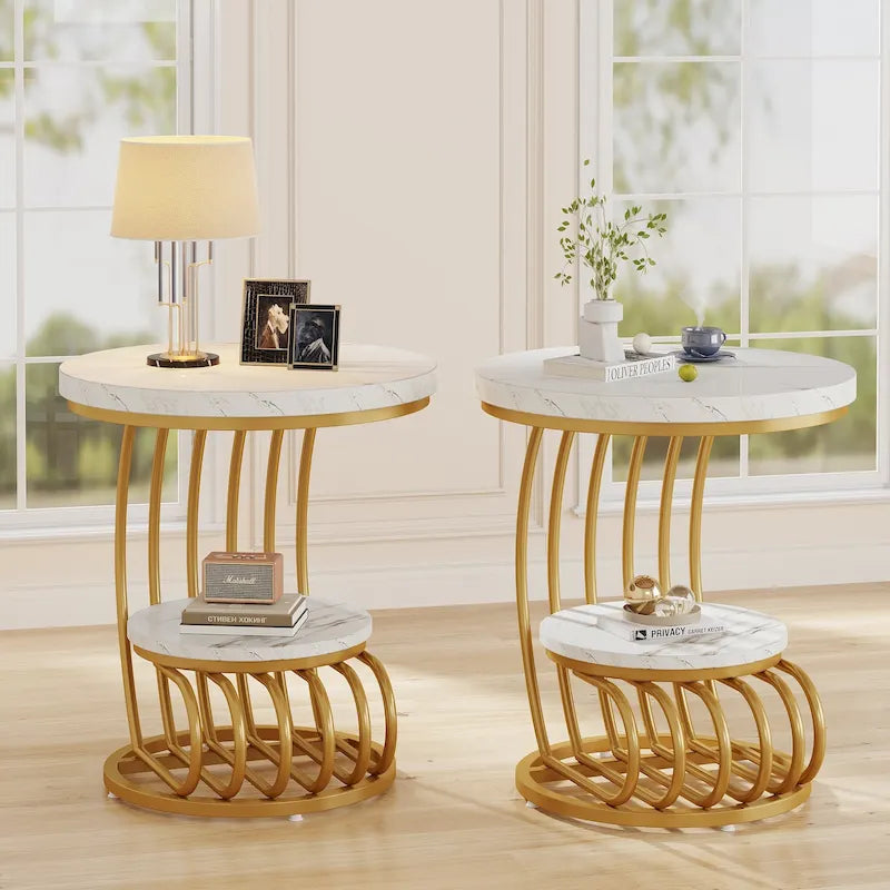 Table d'appoint ronde à 2 niveaux pour salon ou chambre à coucher