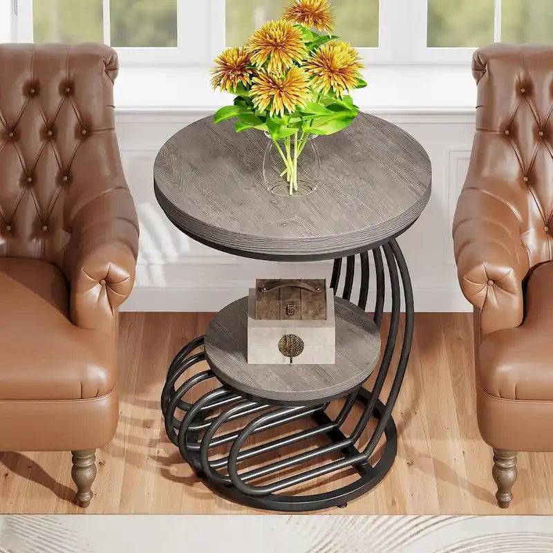 Table d'appoint ronde à 2 niveaux pour salon ou chambre à coucher