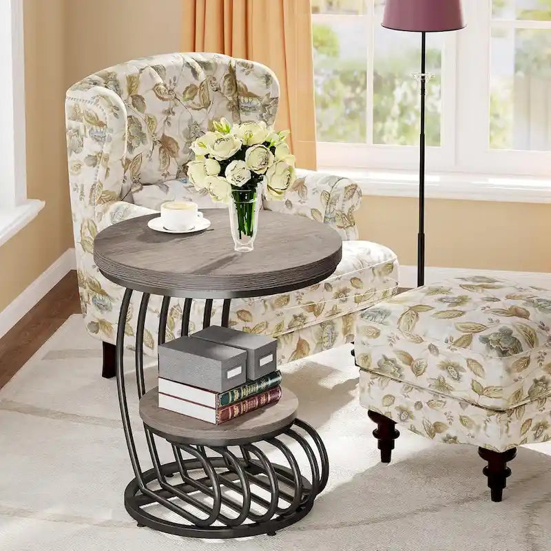 Table d'appoint ronde à 2 niveaux pour salon ou chambre à coucher