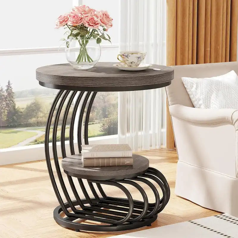 Table d'appoint ronde à 2 niveaux pour salon ou chambre à coucher