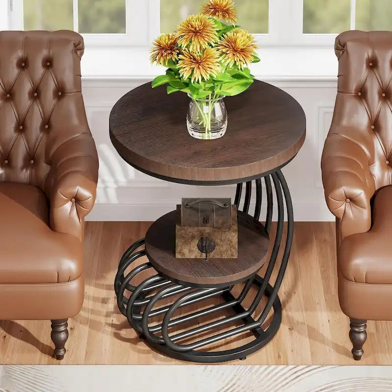 Table d'appoint ronde à 2 niveaux pour salon ou chambre à coucher