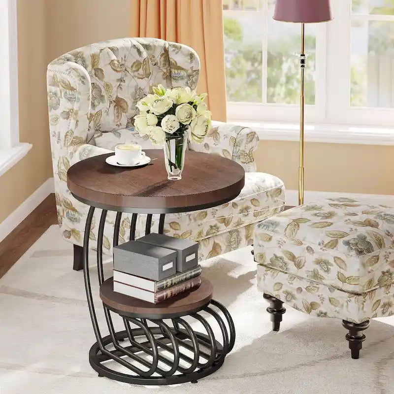Table d'appoint ronde à 2 niveaux pour salon ou chambre à coucher