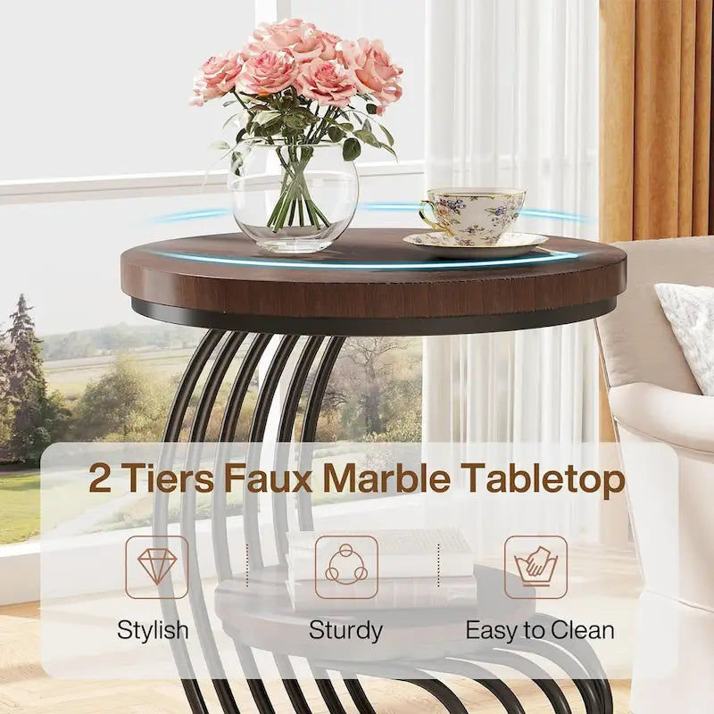 Table d'appoint ronde à 2 niveaux pour salon ou chambre à coucher
