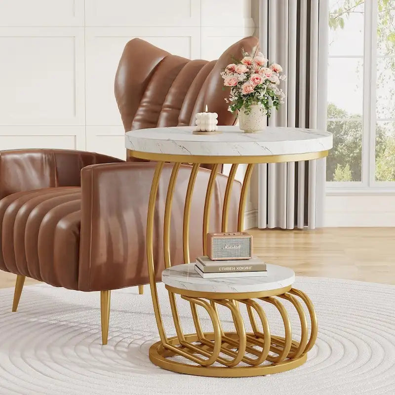 Table d'appoint ronde à 2 niveaux pour salon ou chambre à coucher