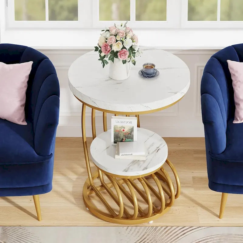 Table d'appoint ronde à 2 niveaux pour salon ou chambre à coucher