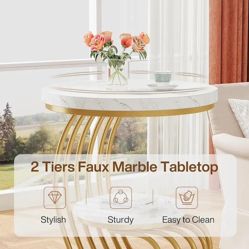Table d'appoint ronde à 2 niveaux pour salon ou chambre à coucher