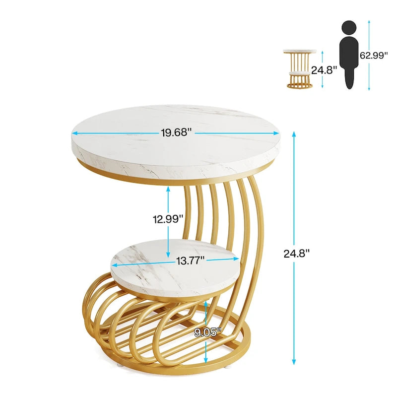 Table d'appoint ronde à 2 niveaux pour salon ou chambre à coucher