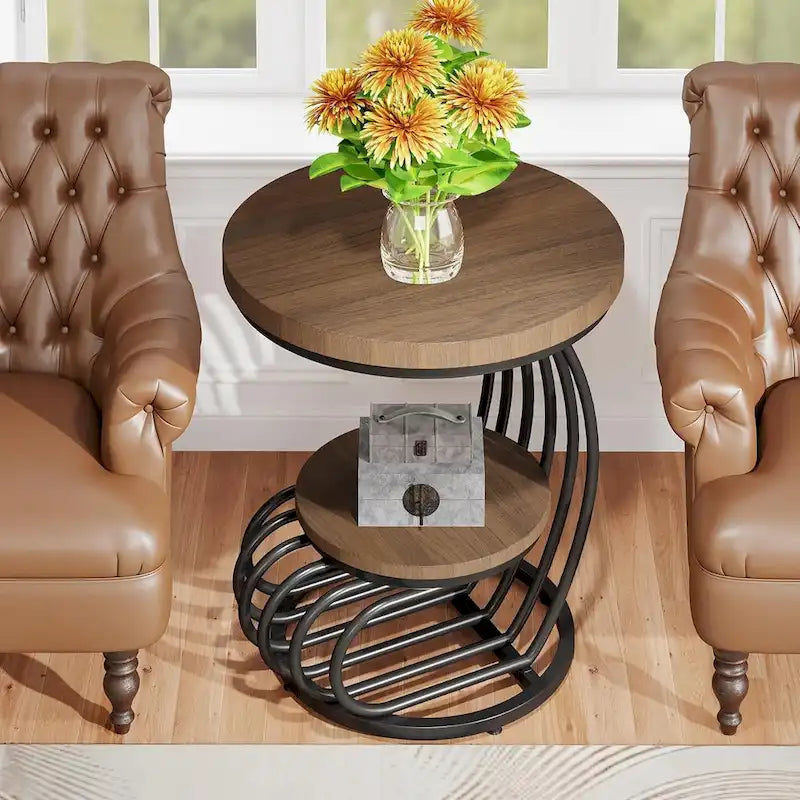 Table d'appoint ronde à 2 niveaux pour salon ou chambre à coucher