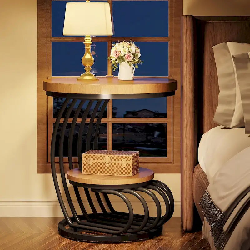Table d'appoint ronde à 2 niveaux pour salon ou chambre à coucher