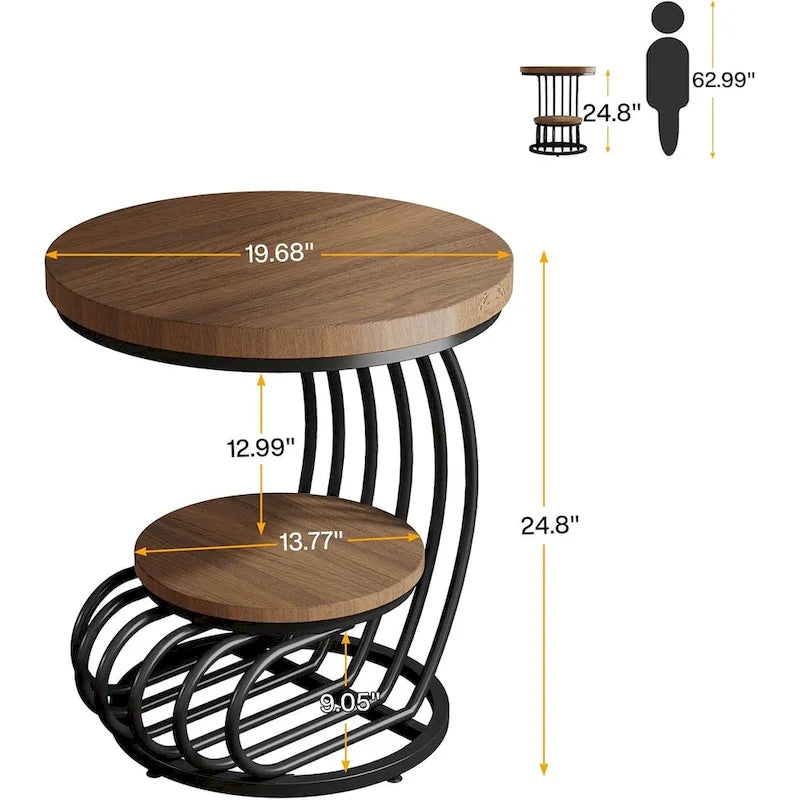 Table d'appoint ronde à 2 niveaux pour salon ou chambre à coucher