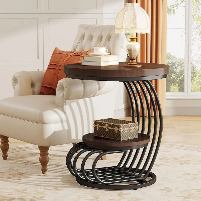 Table d'appoint ronde à 2 niveaux pour salon ou chambre à coucher