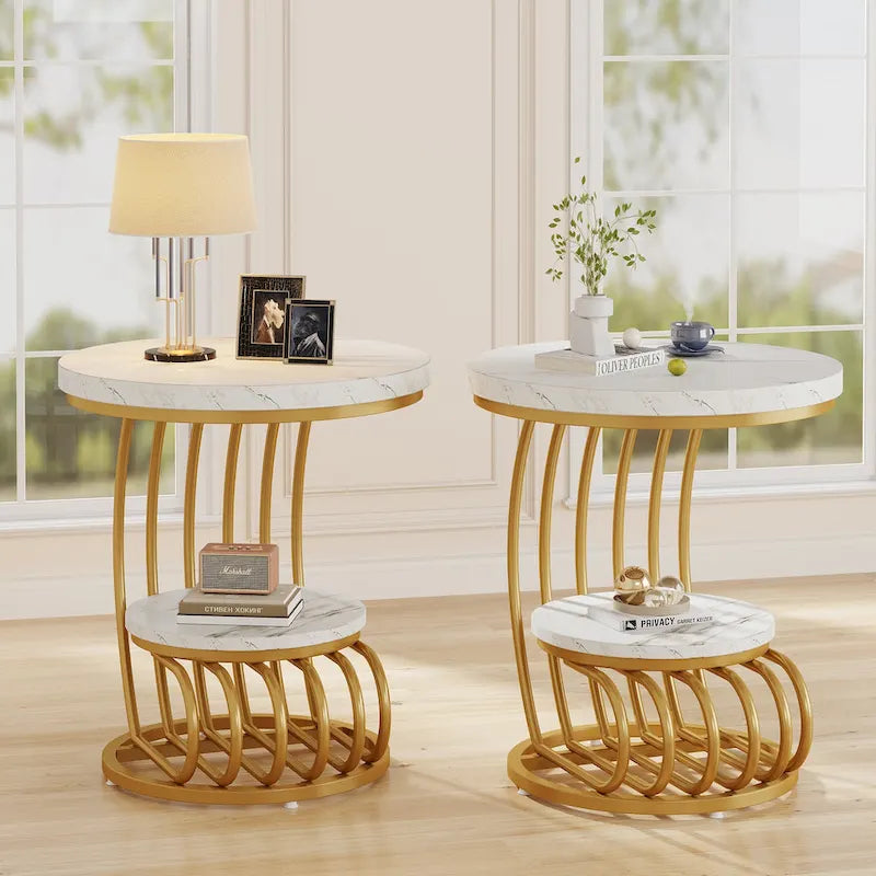 Table d'appoint ronde à 2 niveaux pour salon ou chambre à coucher